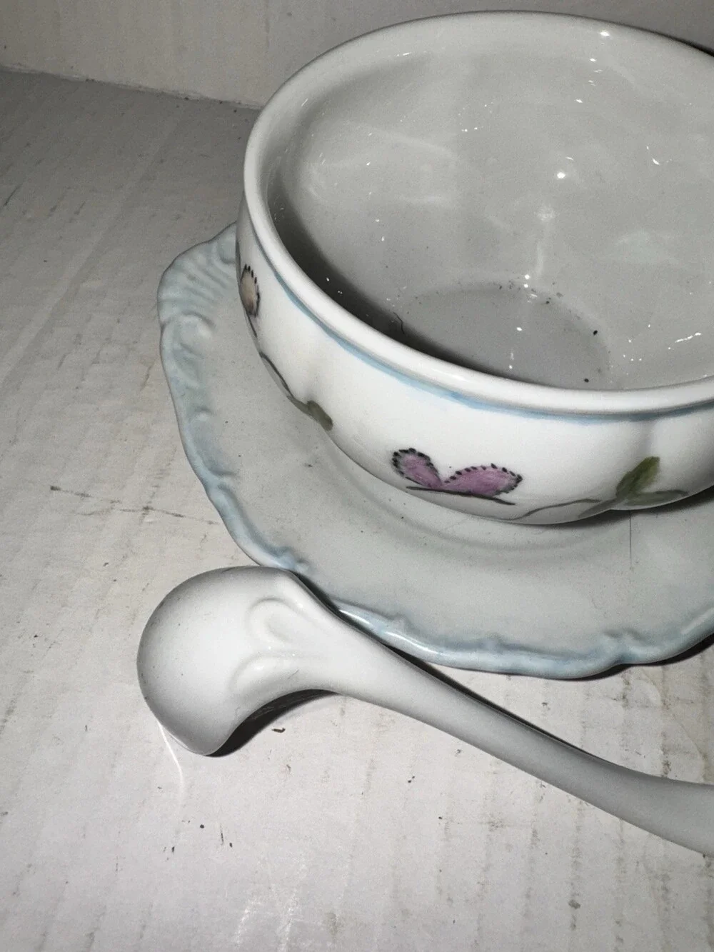 Haas & Czjzek Butterfly Jam Jelly Pot Blue White Porcelain Lid Plate Spoon Set